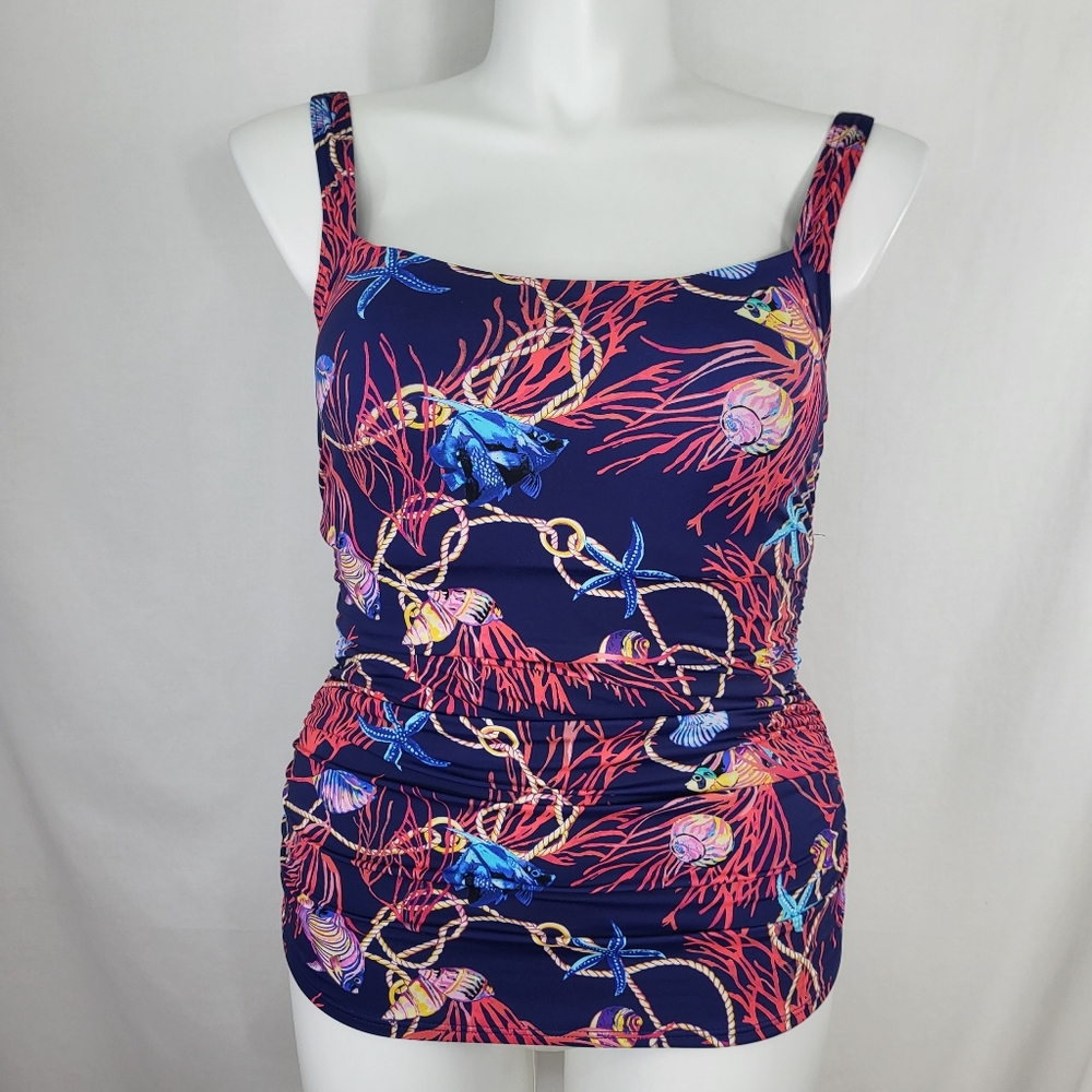 Talbots TANKINI TOP Womens Size 12 Fish Shells Coral Ruched Adjustable Straps